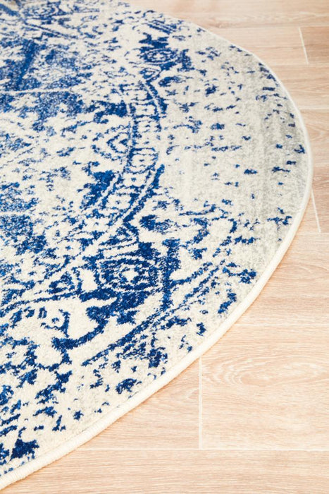 Ellora White & Navy Round Faded Transitional Medallion Contemporary Rug, Rugs, Ozark Home 