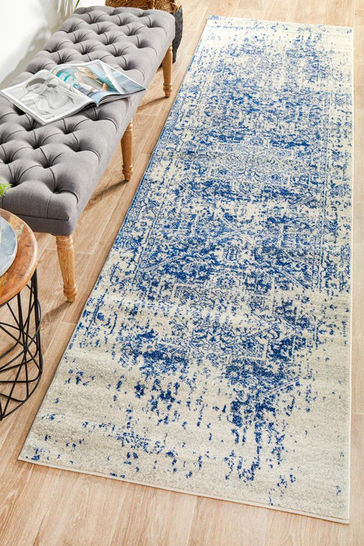 Ellora White & Navy Faded Transitional Medallion Contemporary Runner Rug, Rugs, Ozark Home 