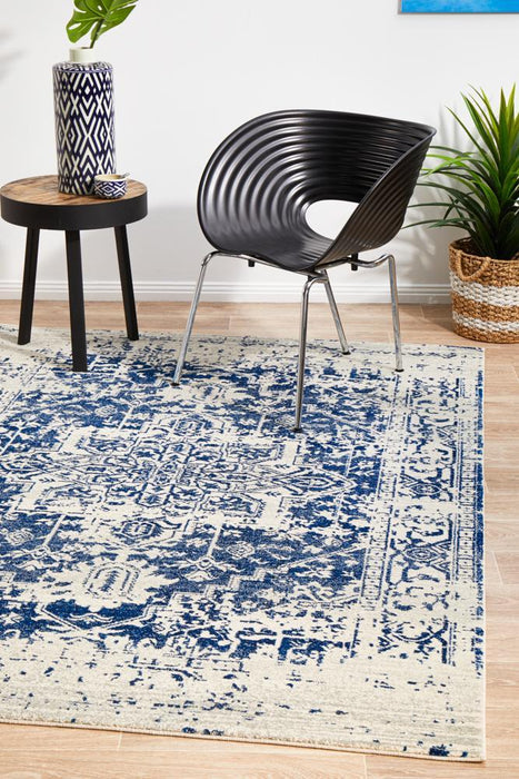 Ellora White & Navy Faded Transitional Medallion Contemporary Rug, Rugs, Ozark Home 