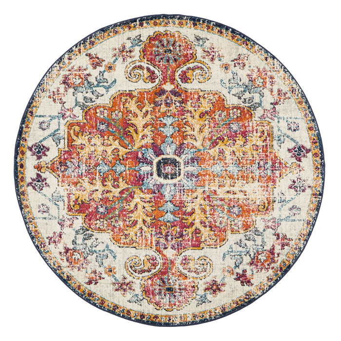 Ellora White & Multicoloured Round Faded Transitional Medallion Contemporary Rug, Rugs, Ozark Home 