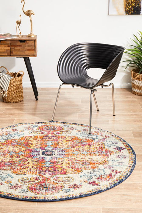 Ellora White & Multicoloured Round Faded Transitional Medallion Contemporary Rug, Rugs, Ozark Home 