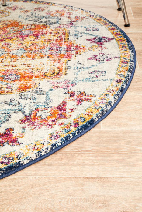 Ellora White & Multicoloured Round Faded Transitional Medallion Contemporary Rug, Rugs, Ozark Home 