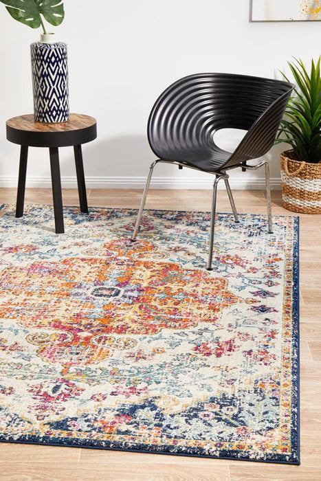 Ellora White & Multicoloured Faded Transitional Medallion Contemporary Rug, Rugs, Ozark Home 