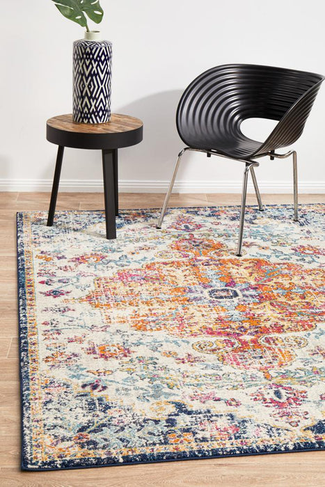 Ellora White & Multicoloured Faded Transitional Medallion Contemporary Rug, Rugs, Ozark Home 