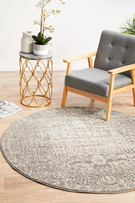 Ellora Grey Round Faded Transitional Grid Contemporary Rug, Rugs, Ozark Home 