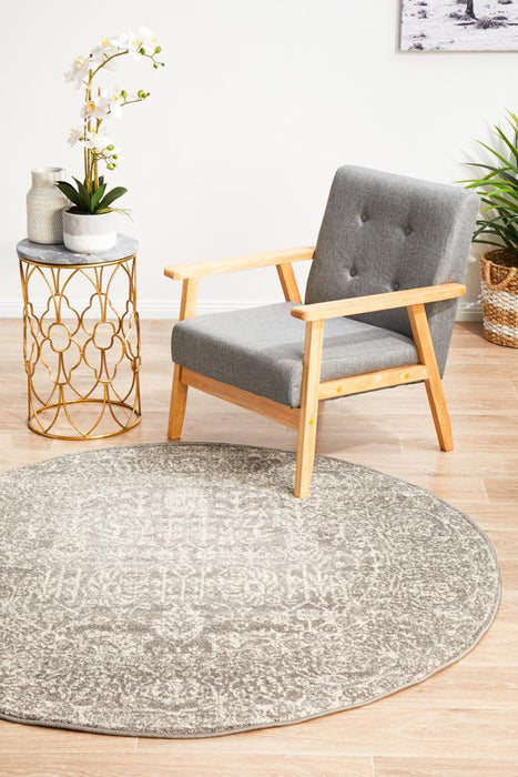 Ellora Grey Round Faded Transitional Grid Contemporary Rug, Rugs, Ozark Home 