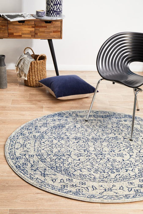 Ellora White & Blue Round Faded Transitional Floral Grid Contemporary Rug, Rugs, Ozark Home 