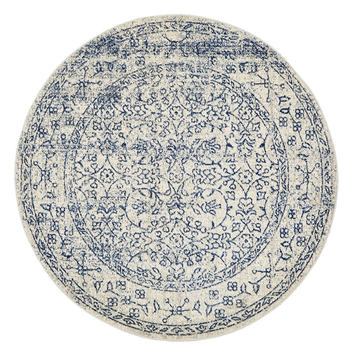 Ellora White & Blue Round Faded Transitional Floral Grid Contemporary Rug, Rugs, Ozark Home 