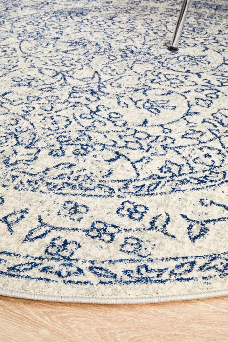 Ellora White & Blue Round Faded Transitional Floral Grid Contemporary Rug, Rugs, Ozark Home 