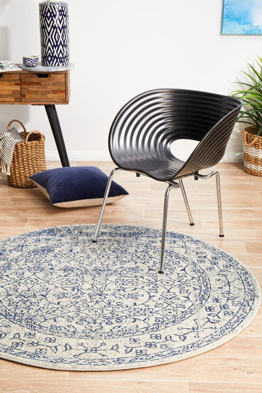 Ellora White & Blue Round Faded Transitional Floral Grid Contemporary Rug, Rugs, Ozark Home 