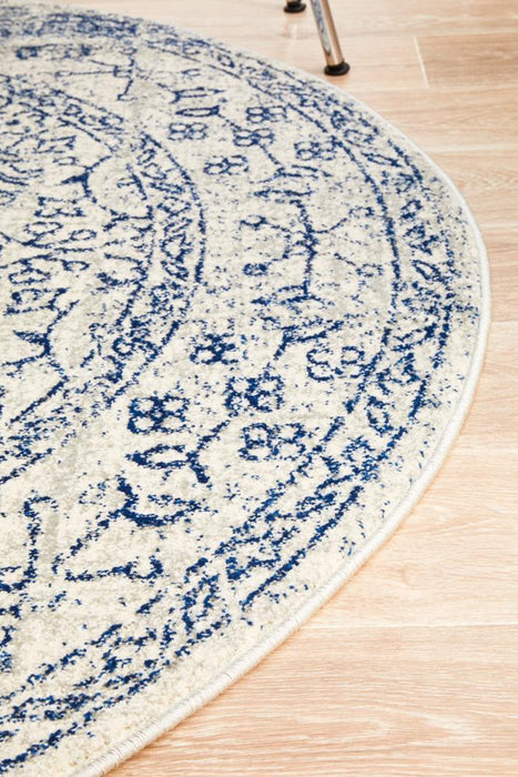 Ellora White & Blue Round Faded Transitional Floral Grid Contemporary Rug, Rugs, Ozark Home 