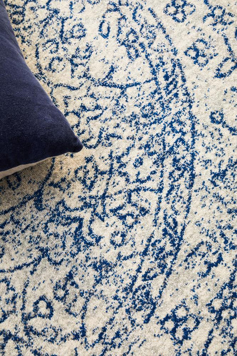 Ellora White & Blue Round Faded Transitional Floral Grid Contemporary Rug, Rugs, Ozark Home 