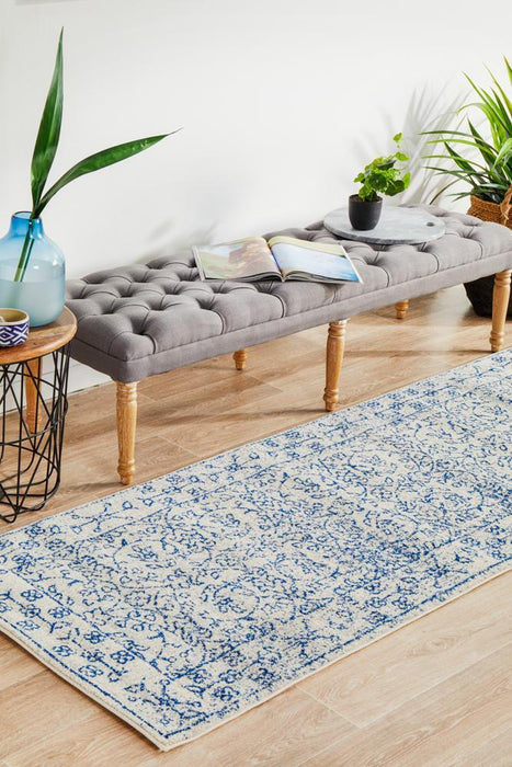 Ellora White & Blue Faded Transitional Floral Grid Contemporary Runner Rug, Rugs, Ozark Home 