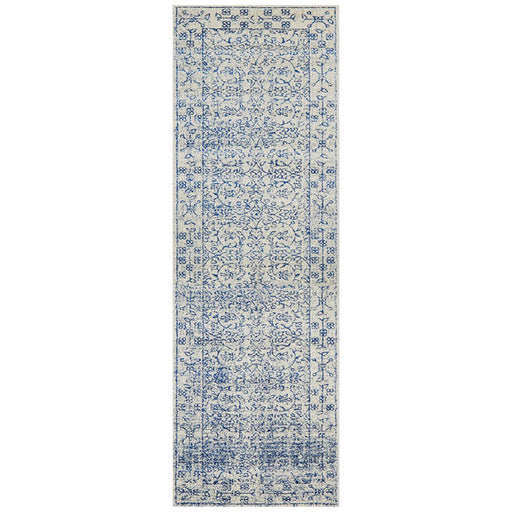 Ellora White & Blue Faded Transitional Floral Grid Contemporary Runner Rug, Rugs, Ozark Home 