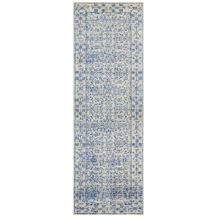 Ellora White & Blue Faded Transitional Floral Grid Contemporary Runner Rug, Rugs, Ozark Home 