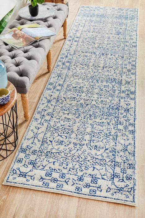 Ellora White & Blue Faded Transitional Floral Grid Contemporary Runner Rug, Rugs, Ozark Home 