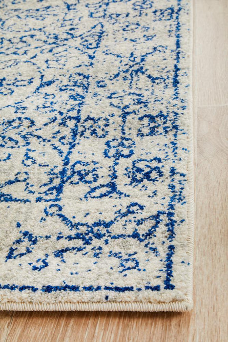 Ellora White & Blue Faded Transitional Floral Grid Contemporary Runner Rug, Rugs, Ozark Home 