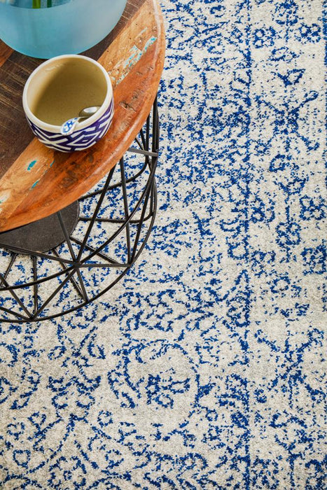 Ellora White & Blue Faded Transitional Floral Grid Contemporary Runner Rug, Rugs, Ozark Home 