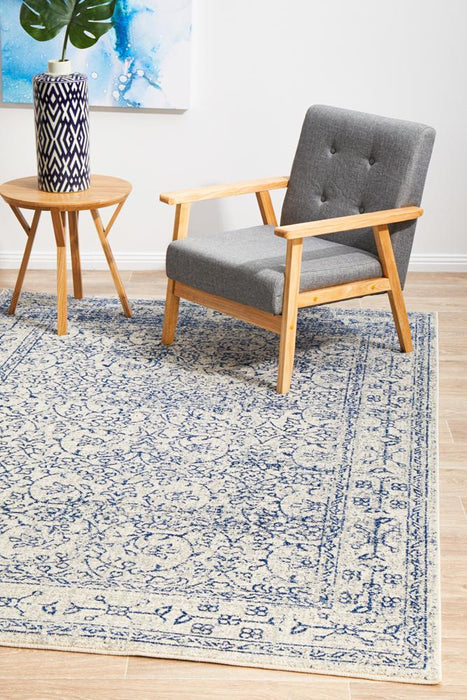 Ellora White & Blue Faded Transitional Floral Grid Contemporary Rug, Rugs, Ozark Home 