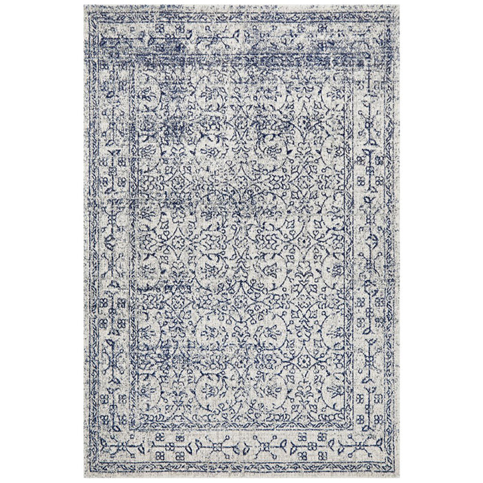 Ellora White & Blue Faded Transitional Floral Grid Contemporary Rug, Rugs, Ozark Home 