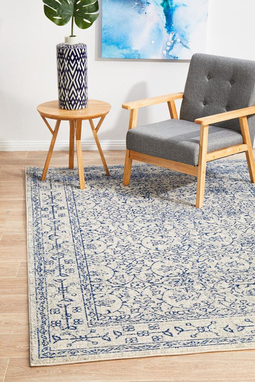 Ellora White & Blue Faded Transitional Floral Grid Contemporary Rug, Rugs, Ozark Home 