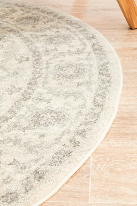 Ellora White & Silver Round Faded Transitional Medallion Contemporary Rug, Rugs, Ozark Home 