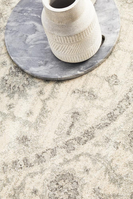 Ellora White & Silver Round Faded Transitional Medallion Contemporary Rug, Rugs, Ozark Home 