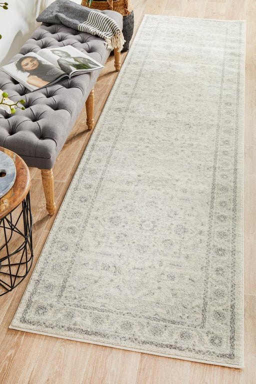 Ellora White & Silver Round Faded Transitional Medallion Contemporary Runner Rug, Rugs, Ozark Home 