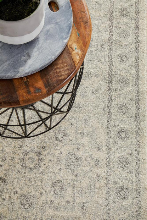 Ellora White & Silver Round Faded Transitional Medallion Contemporary Runner Rug, Rugs, Ozark Home 