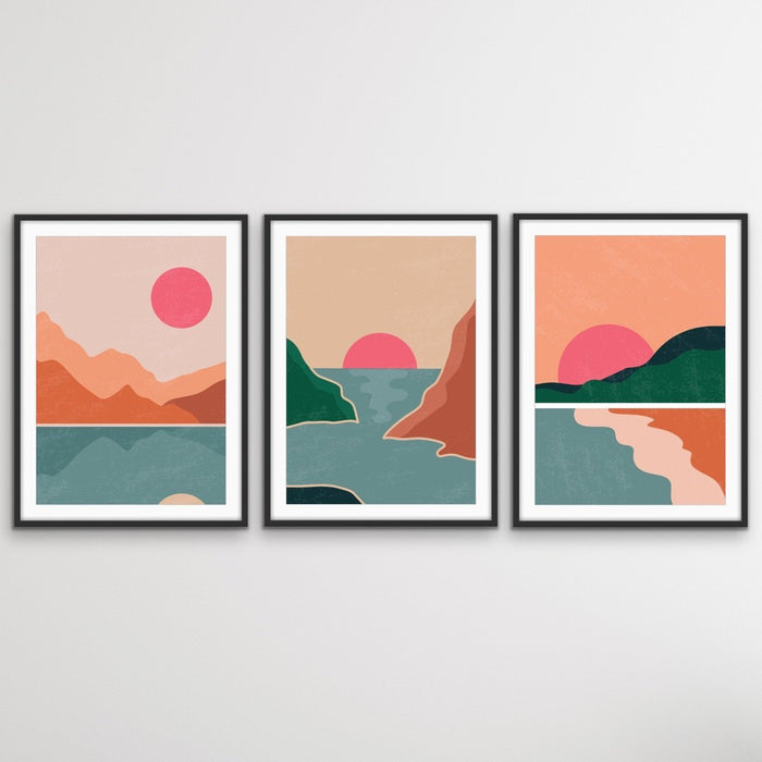 Faraway Place - Three Piece Orange Pink Geometric Boho Print Set, Wall Art, Ozark Home 