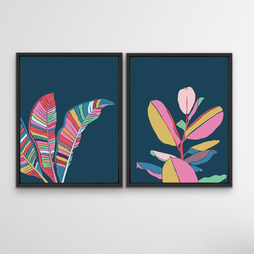 Fiddle Leaf and Banana Palm - Two Piece Turquoise Pink Contemporary Graphic Canvas Framed Wall Art Prints, Wall Art, Ozark Home 