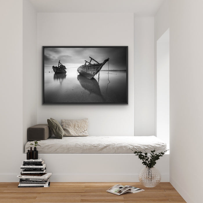 Forgotten Shore - Black and White Boat Landscape Framed Canvas Print Wall Art Print