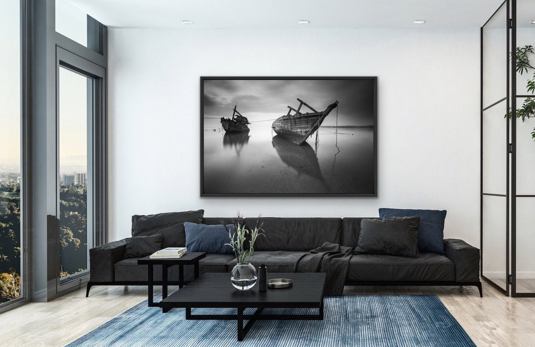 Forgotten Shore - Black and White Boat Landscape Framed Canvas Print Wall Art Print