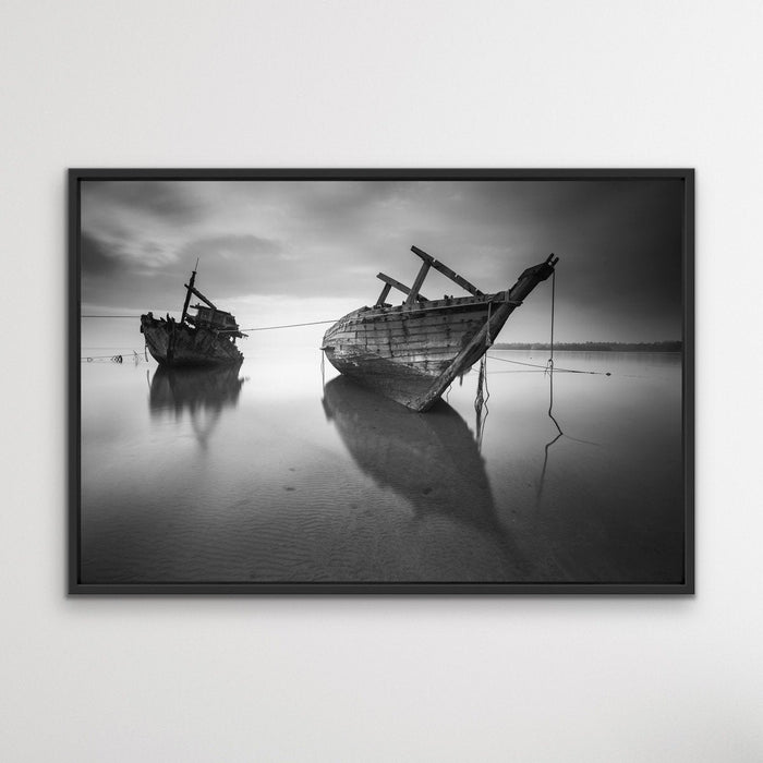 Forgotten Shore - Black and White Boat Landscape Framed Canvas Print Wall Art Print