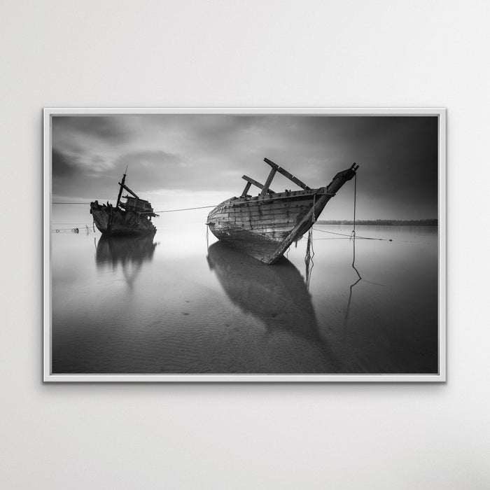 Forgotten Shore - Black and White Boat Landscape Framed Canvas Print Wall Art Print