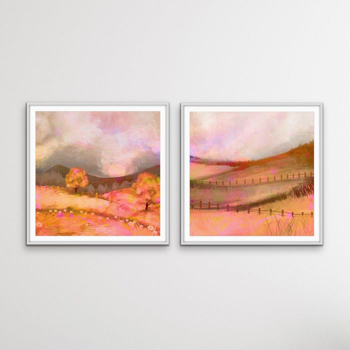 Glowing Lands - Two Piece Orange Square Abstract Print Set, Wall Art, Ozark Home 