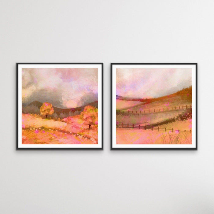 Glowing Lands - Two Piece Orange Square Abstract Print Set, Wall Art, Ozark Home 