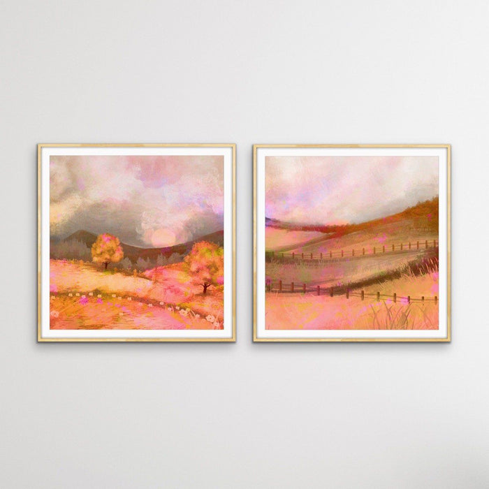 Glowing Lands - Two Piece Orange Square Abstract Print Set, Wall Art, Ozark Home 