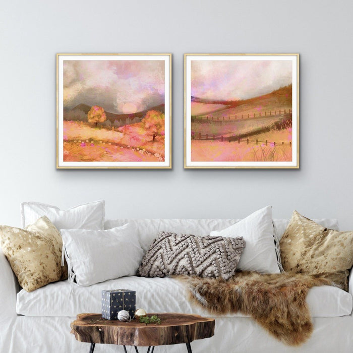 Glowing Lands - Two Piece Orange Square Abstract Print Set, Wall Art, Ozark Home 