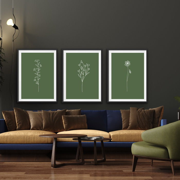 Green Sweet Botanicals - Three Piece White Lined Prints in Green, Wall Art, Ozark Home 