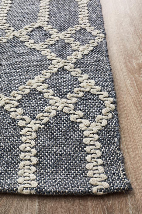 Halol Rustic Blue Bohemian Lattice Contemporary Wool Rug, Rugs, Ozark Home 