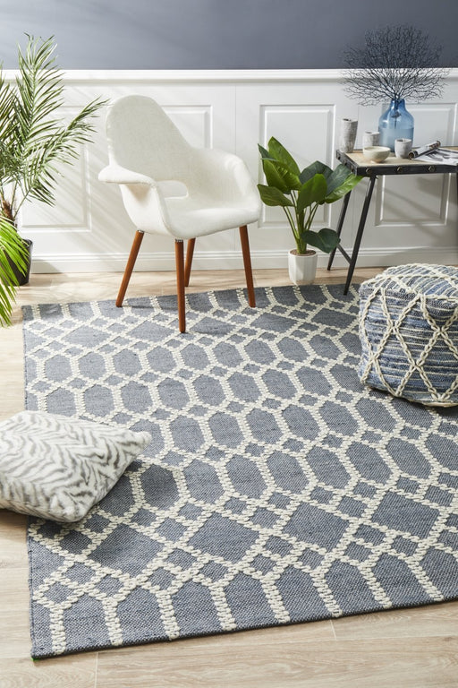 Halol Rustic Blue Bohemian Lattice Contemporary Wool Rug, Rugs, Ozark Home 