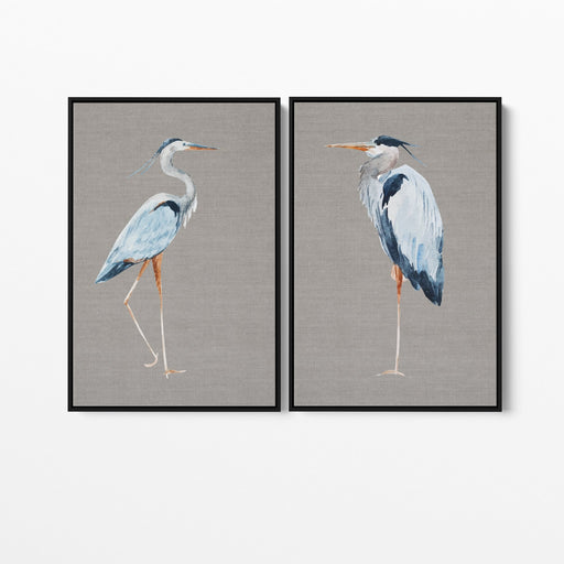 Hamptons Blue Heron On Linen - Two Piece Hamptons Wall Art Set on Canvas or Paper, Wall Art, Ozark Home 