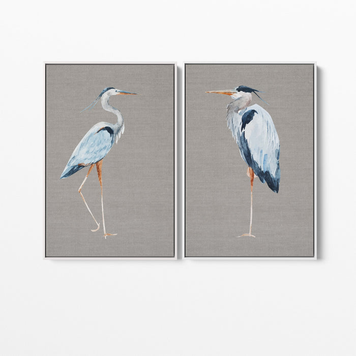 Hamptons Blue Heron On Linen - Two Piece Hamptons Wall Art Set on Canvas or Paper, Wall Art, Ozark Home 