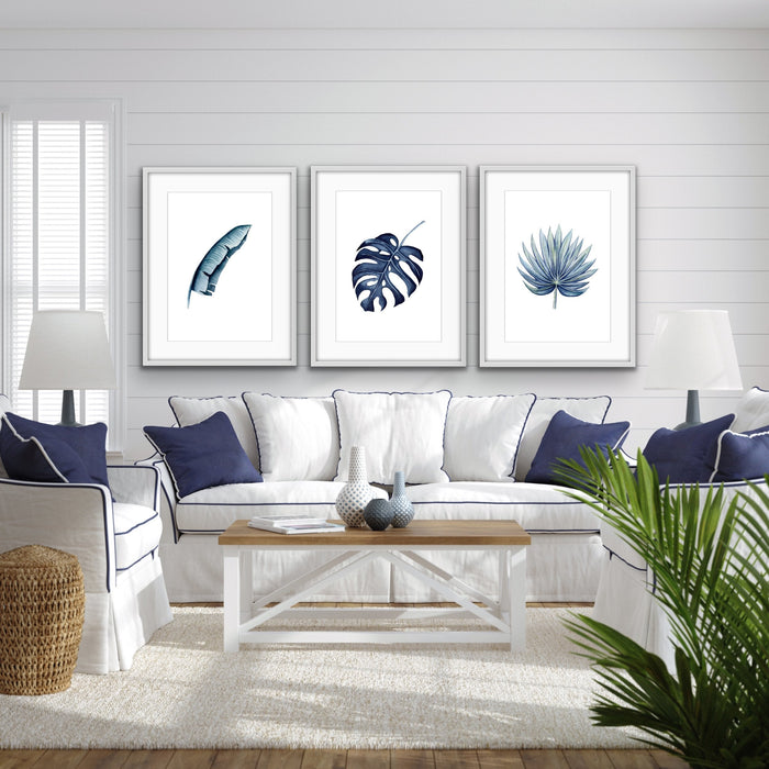 Hamptons Blue Monstera - Three Piece Watercolour Hamptons Blue Print Set, Wall Art, Ozark Home 