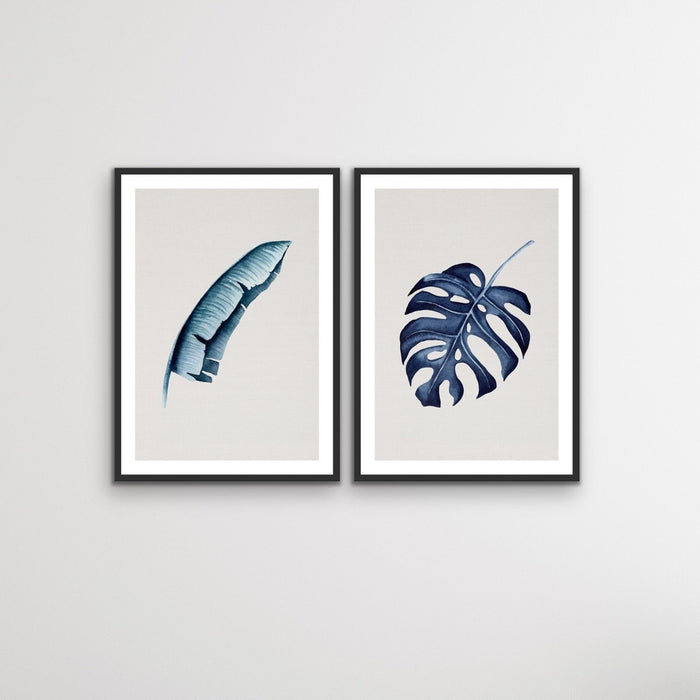 Hamptons Blue Monstera on Grey Linen - Two Piece Hamptons Coastal Beach Print Set, Wall Art, Ozark Home 