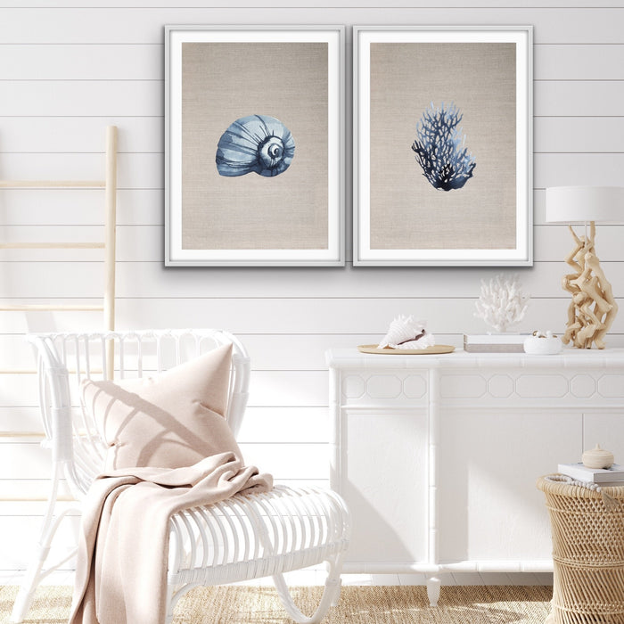 Hamptons Dark Coral On Linen - Two Piece Hamptons Coastal Beach Art Print Set, Wall Art, Ozark Home 