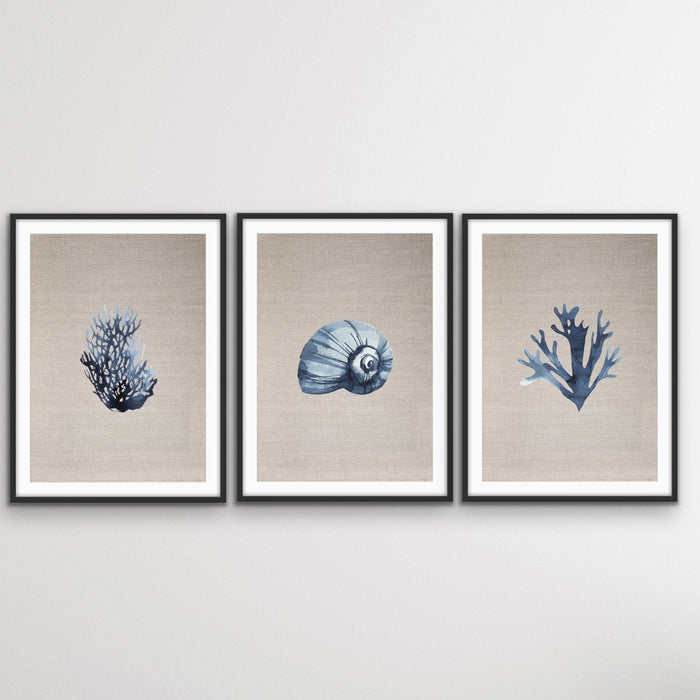 Hamptons Dark Coral On Linen Seaside Wall Art Prints - Three Piece Art Print, Wall Art, Ozark Home 