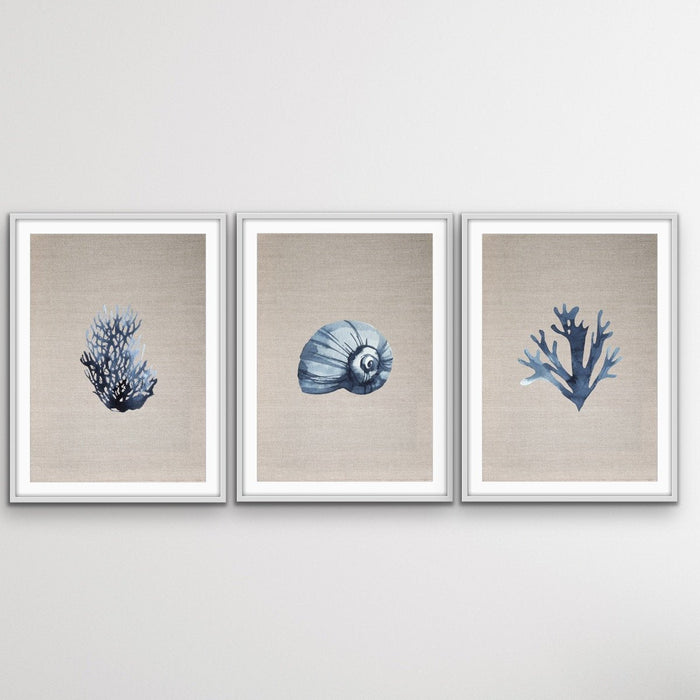 Hamptons Dark Coral On Linen Seaside Wall Art Prints - Three Piece Art Print, Wall Art, Ozark Home 