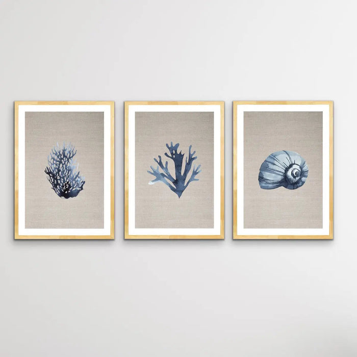 Hamptons Dark Coral On Linen Seaside Wall Art Prints - Three Piece Art Print, Wall Art, Ozark Home 